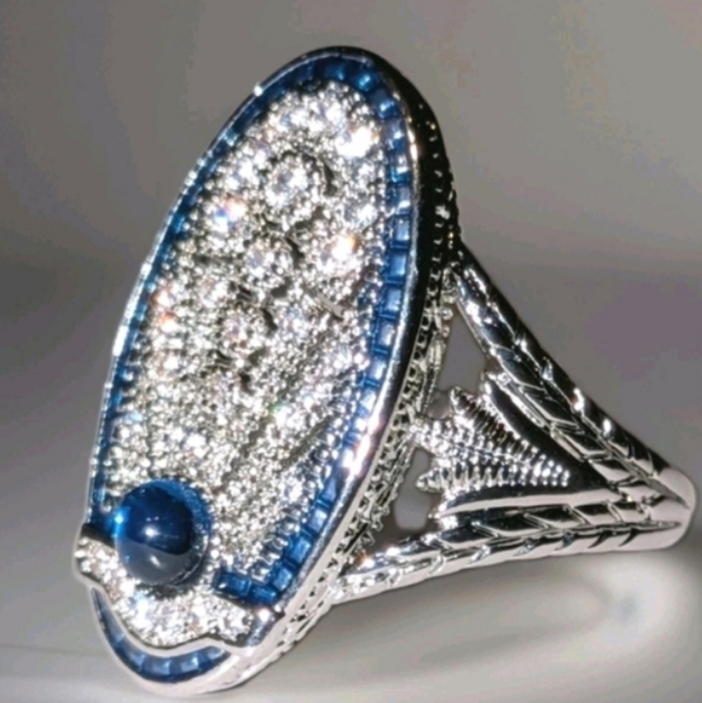 Art Deco Style Lab Created diamond Sapphire Wedding 14k White Gold Plated Sz 10 - Picture 13 of 15